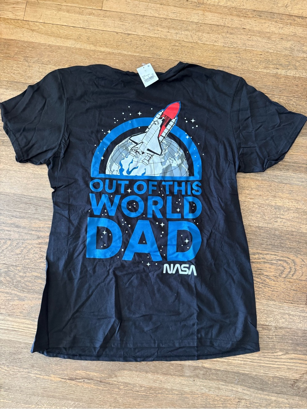Well Worn Black Short Sleeve Tee with Blue and Red Space Shuttle Graphic